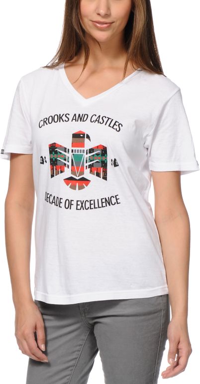 Crooks And Castles Girls Mayan Bird White V-Neck Tee Shirt