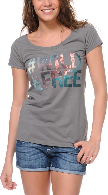 Bitter Sweet #Wild & Free Grey Scoop Neck Tee Shirt