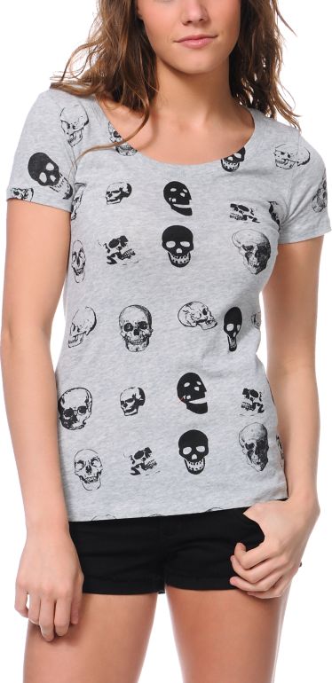 Bitter Sweet Skull Face Heathe Grey Scoop Neck Tee Shirt