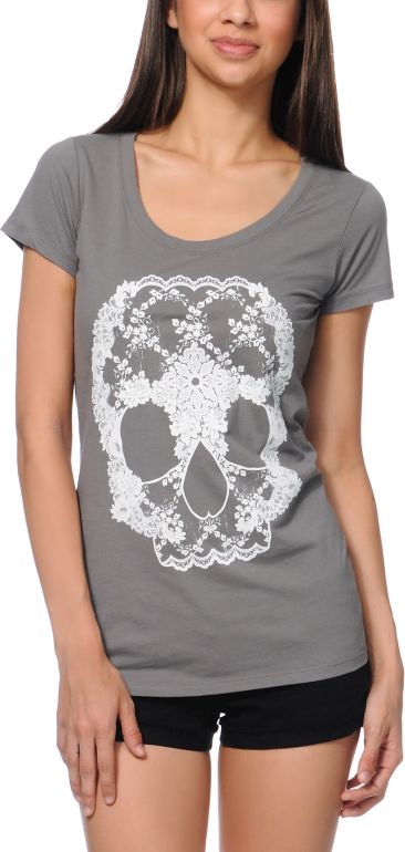 Bitter Sweet Lace Skull Charcoal Scoop Neck Tee Shirt