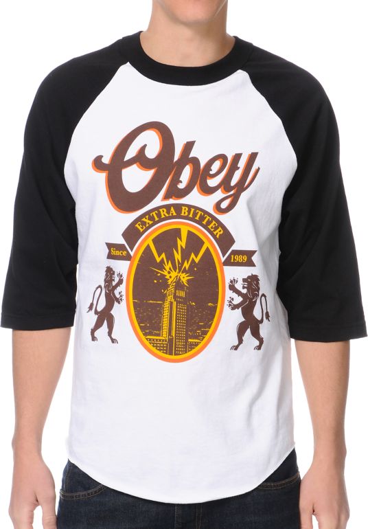 Obey 77 Brewski Black & White Baseball Tee Shirt