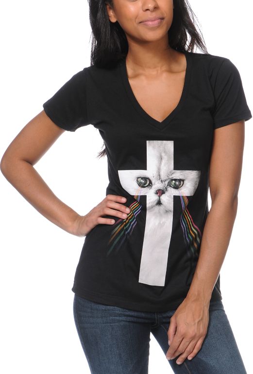 A-Lab Girls Cross Cat Black V-Neck Tee Shirt