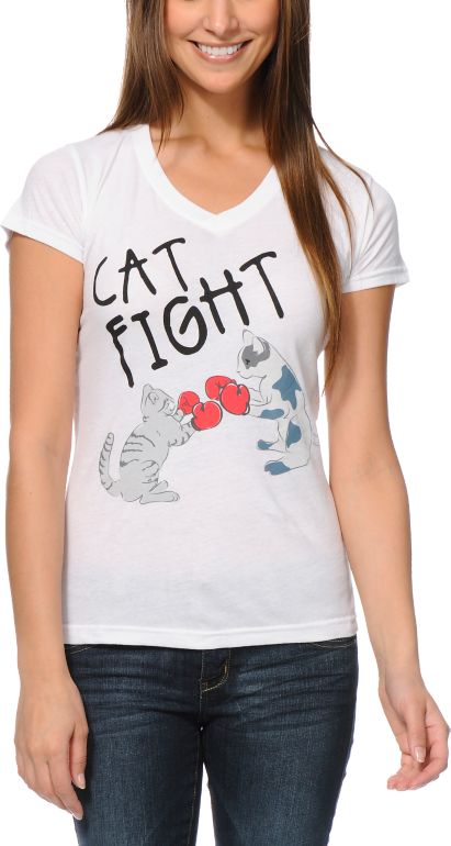A-Lab Girls Cat Fight White V-Neck Tee Shirt