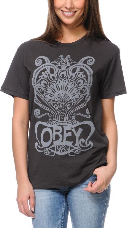 Obey Nouveau Crest Charcoal Tomboy Tee Shirt