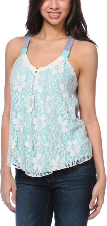 Jolt Lace Overlay Mint & Grey Tank Top