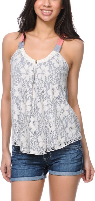Jolt Lace Overlay Grey & Coral Tank Top
