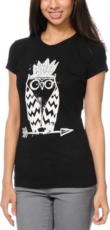 A-Lab Girls Tribe Owl Glow In The Dark Black Tee Shirt