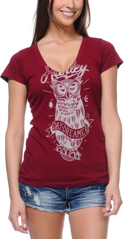 Hurley Girls Owl Red V-Neck Tee Shirt