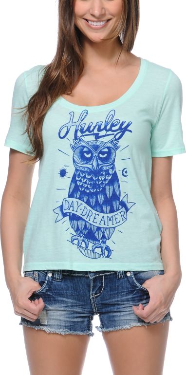 Hurley Girls Owl Mint Scoop Neck Tee Shirt