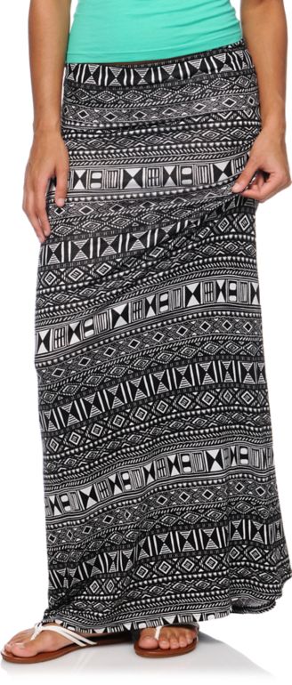 Empyre Black & Cream Tribal Print Maxi Skirt