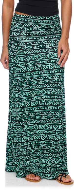 Empyre Black & Mint Tribal Print Maxi Skirt