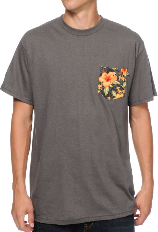 Empyre Kei Charcoal Hawaiian Print Pocket Tee Shirt