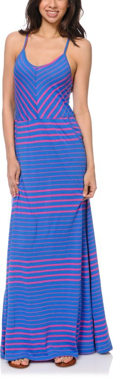 Volcom Girls Between The Lines Blue Stripe Maxi Dress
