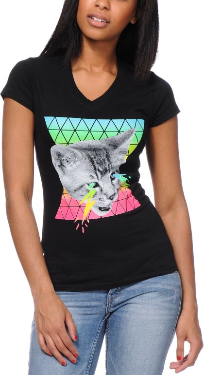 A-Lab Girls Lightning Eyes Black V-Neck Tee Shirt