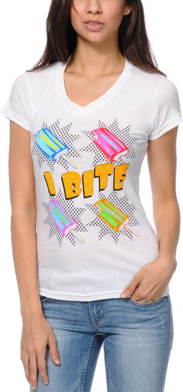 A-Lab Girls I Bite White V-Neck Tee Shirt