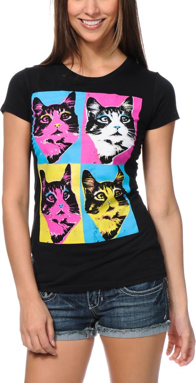 A-Lab Girls Cat Pop Black Tee Shirt