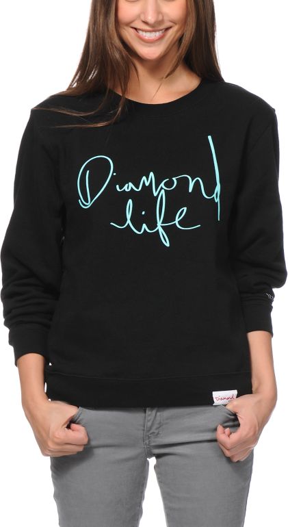 Diamond Supply Girls Handwritten Black Crew Neck Sweatshirt