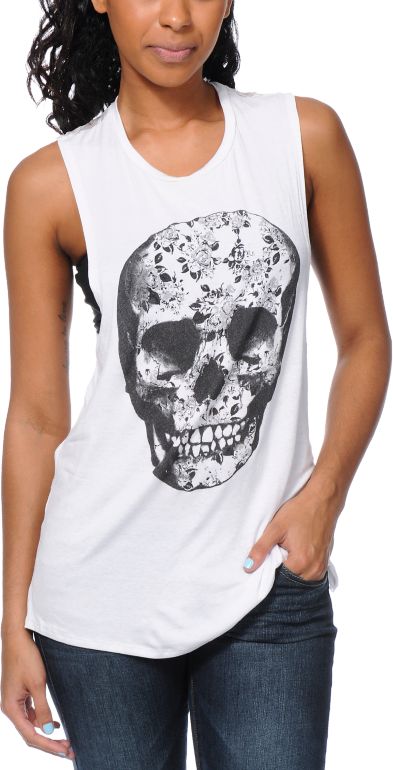 See You Monday Lace Skull White Lace Muscle Tank Top