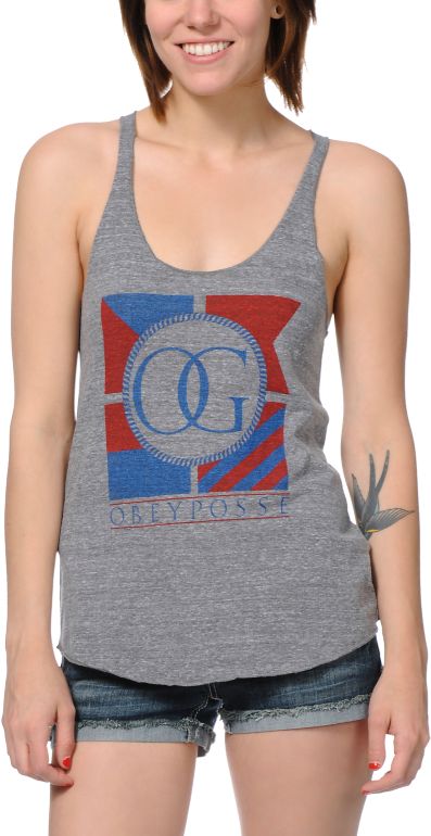 Obey The Possee Flag Grey Racerback Tank Top