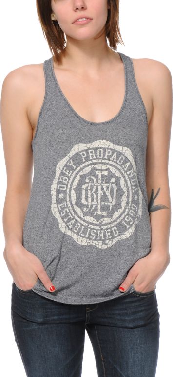 Obey College Crest Heather Grey Mock Twist Racerback Tank Top