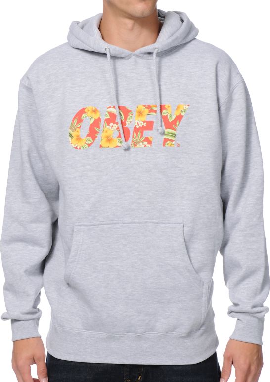 Obey Faster Times Heather Grey & Hawaiian Print Pullover Hoodie