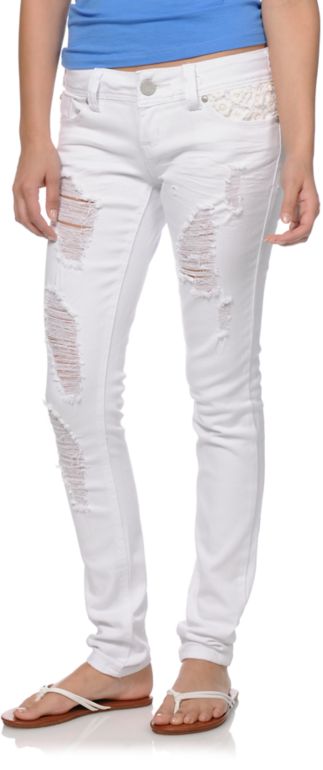 Almost Famous Beth Crochet Pocket White Skinny Jeans