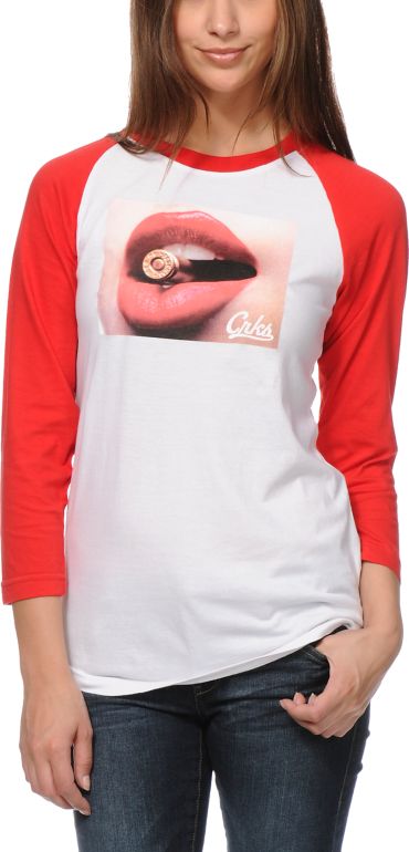 Crooks And Castles Girls Ruthless White & Red Baseball Tee Shirt
