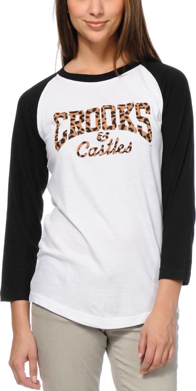 Crooks And Castles Girls Leopard Core Logo Black & White Baseball Tee Shirt