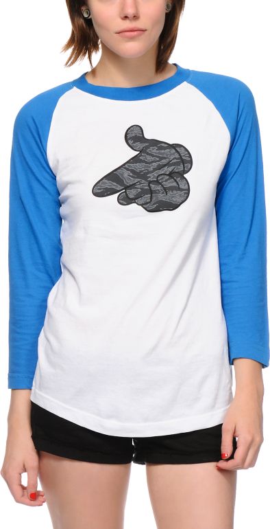 Crooks And Castles Girls Tiger Camo Air Guns Blue & White Baseball Tee Shirt