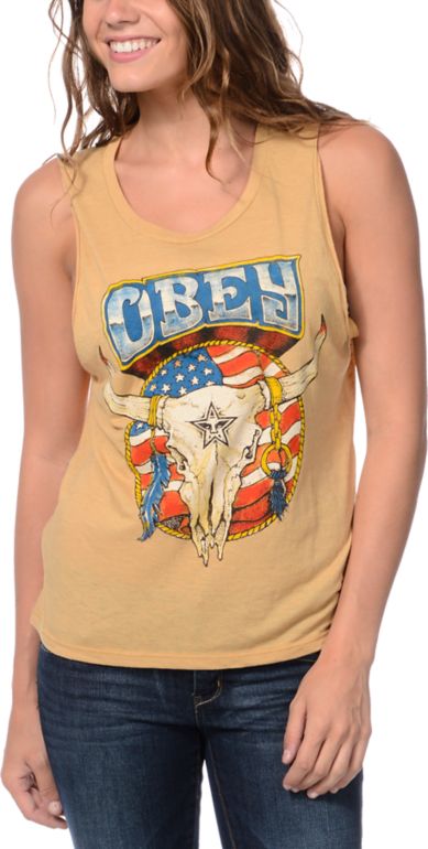 Obey Freedom Skull Yellow Felon Cut Off Tank Top