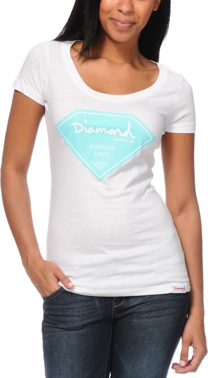 Diamond Supply Girls Certified Lifer White Scoop Neck Tee Shirt
