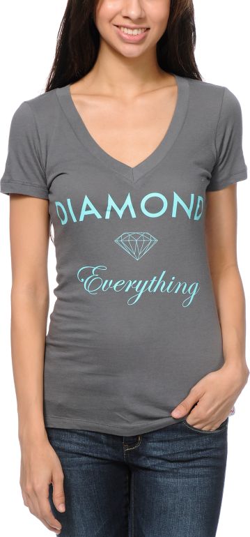Diamond Supply Girls Diamond Everything Charcoal V-Neck Tee Shirt