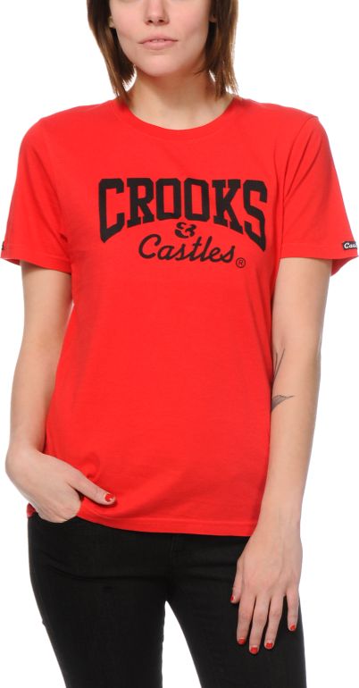 Crooks and Castles Girls Core Logo Red Crew Neck Tee Shirt