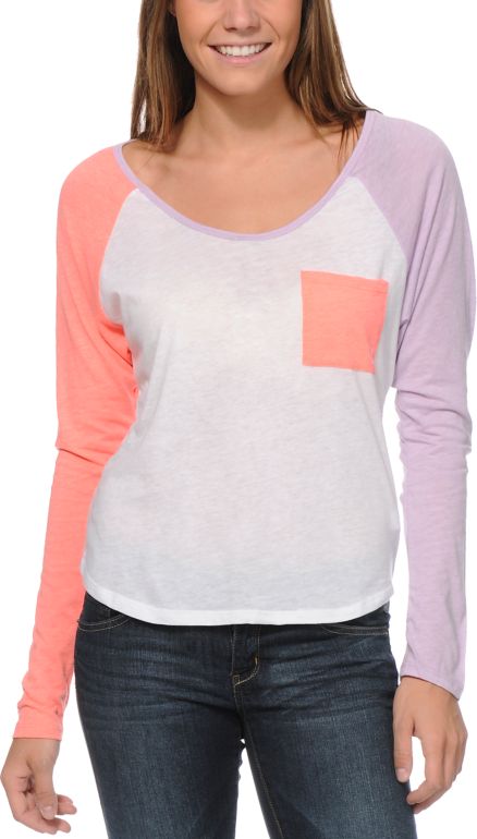Volcom Girls Pocket Block Coral & Purple Raglan Top
