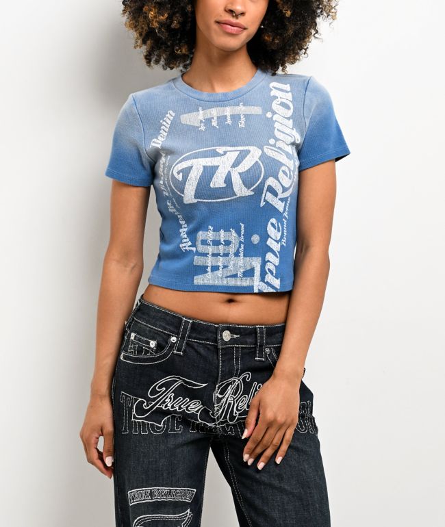 True Religion Blue Wash Ribbed Crop T-Shirt - True Religion