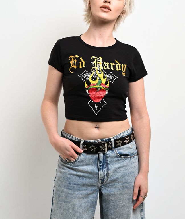 Ed Hardy Heart Flame Rhinestone Black Crop T-Shirt - Ed Hardy