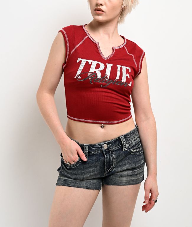 True Religion Crystal Ribbed V Notch Red Crop T-Shirt - True Religion