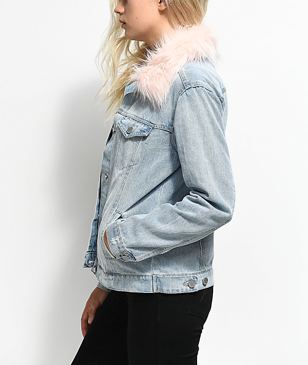 denim jacket with pink fur collar
