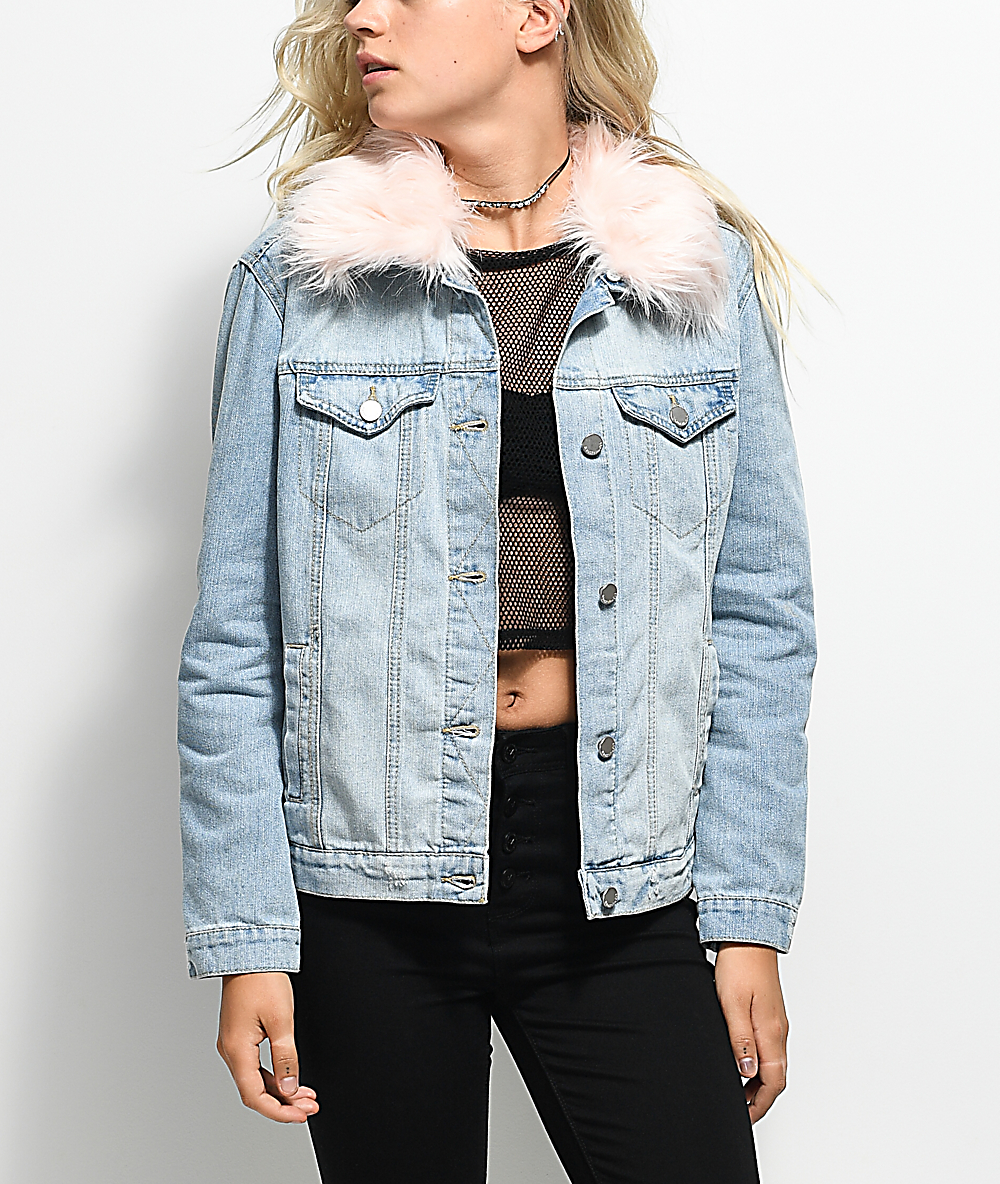 denim jacket with pink fur collar