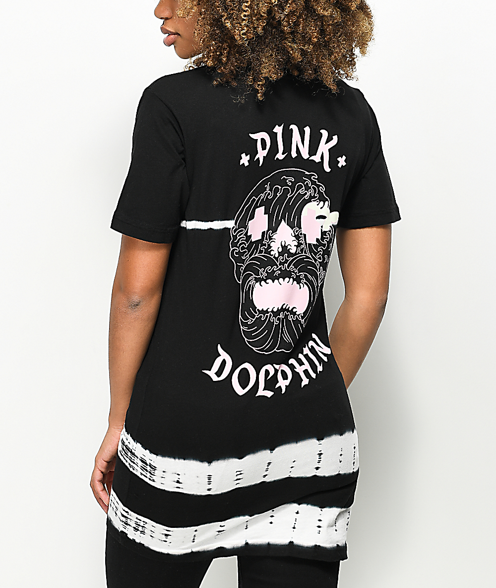 pink dolphin wave skull back tie dye t-shirt