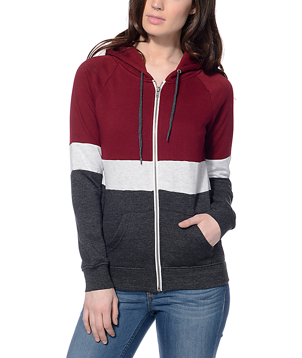Zine Triple Block Burgundy, Gry & Charcoal Zip Up Hoodie Zumiez