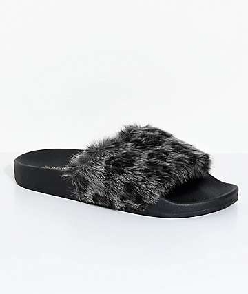 leopard fur slide sandals