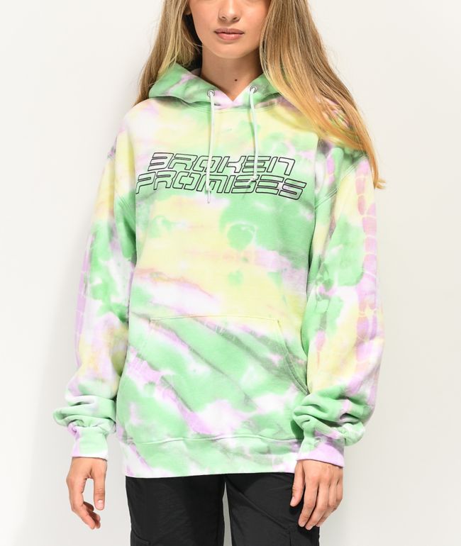 Broken Promises sudadera con capucha tie dye verde, rosa y amarilla