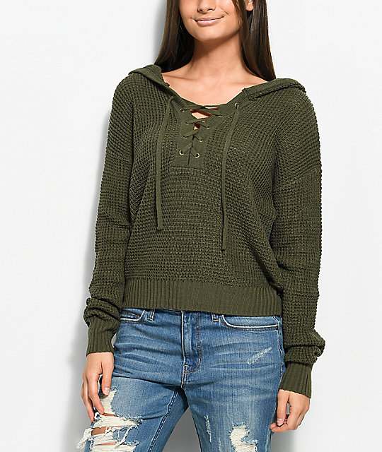 Almost Famous Karlie Lace Up Olive Hooded Sweater Zumiez