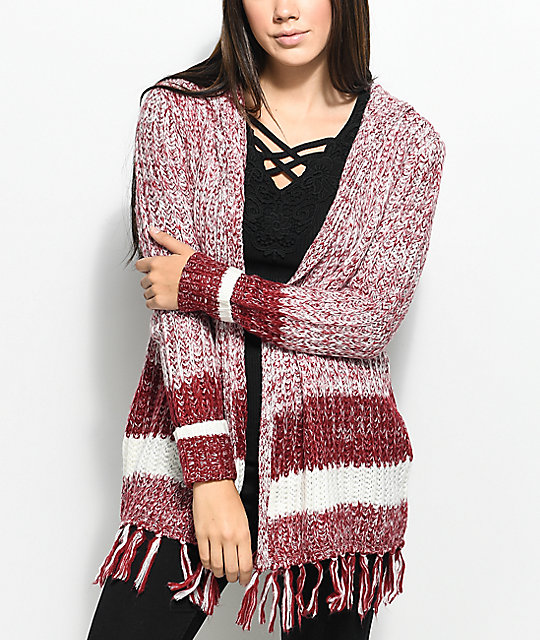 Famous Kenzie Burgundy & White Hooded Fringe Cardigan Almost Famous Kenzie Burgundy & White Hooded Fringe Cardigan - Famous Kenzie Burgundy & White Hooded Fringe Cardigan