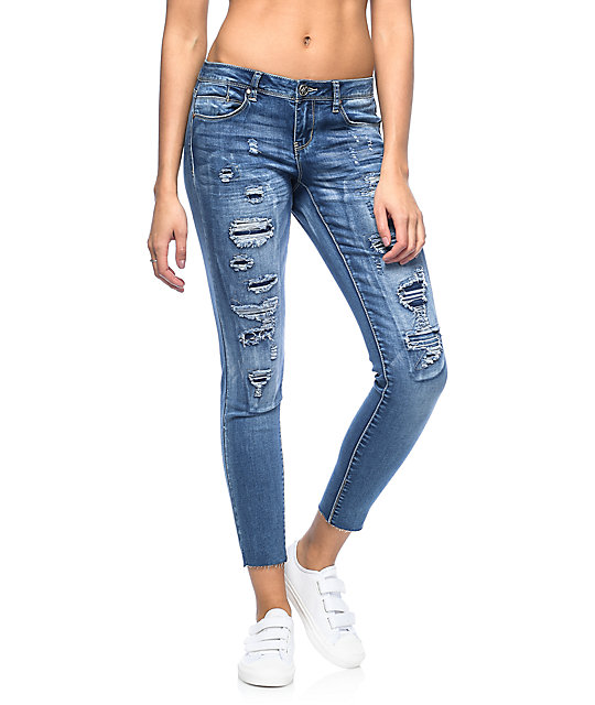 Almost Famous Lia Med Wash Frayed Ankle Destroyed Skinny Jeans | Zumiez
