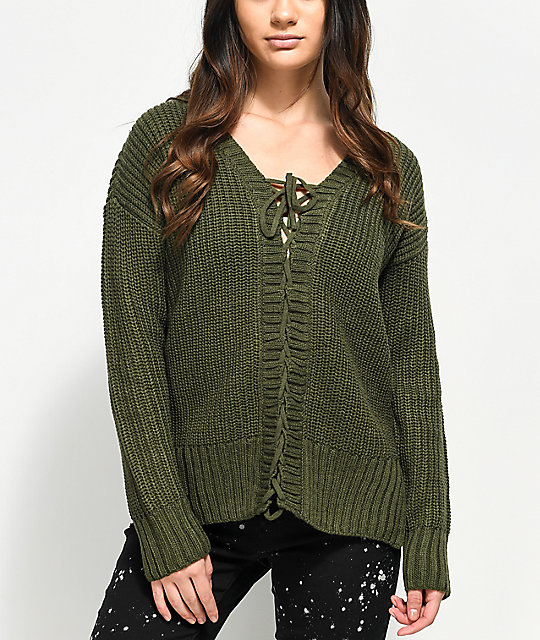 Almost Famous Mandy Lace Up Olive Sweater | Zumiez