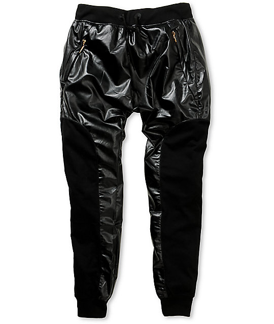 black faux leather jogger pants