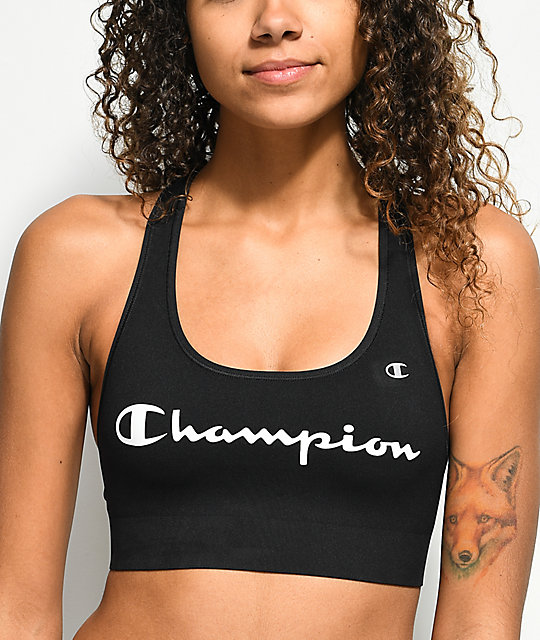 Champion Script Logo Black Sports Bra Zumiez