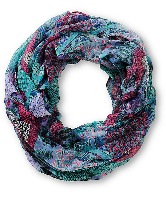 D&Y Purple Floral & Feather Print Infinity Scarf | Zumiez